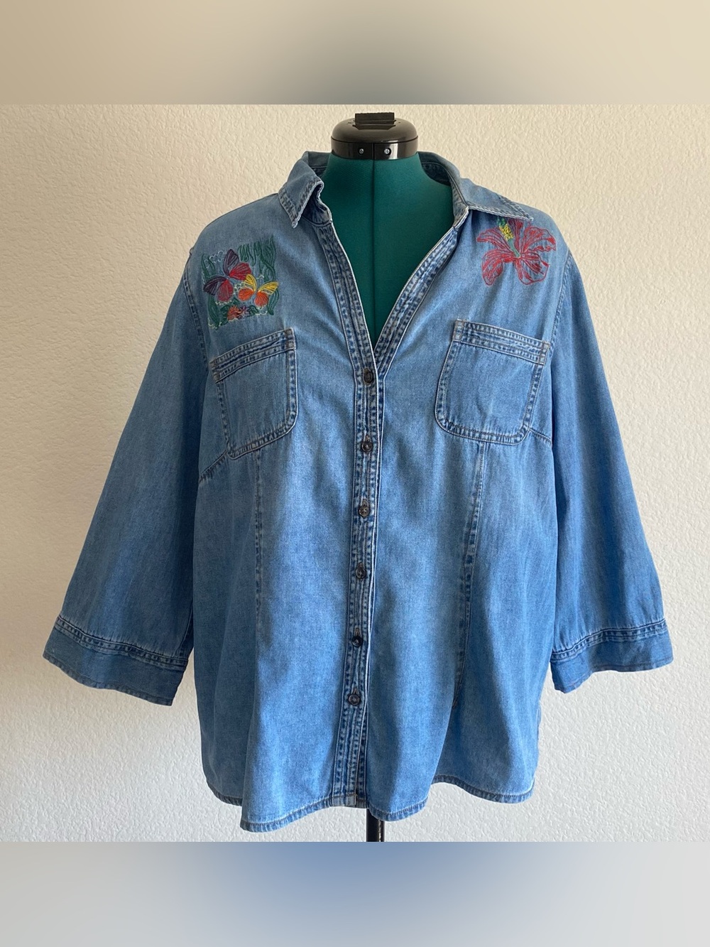 Vintage denim button down embroidered butterflies, flowers and strawberries